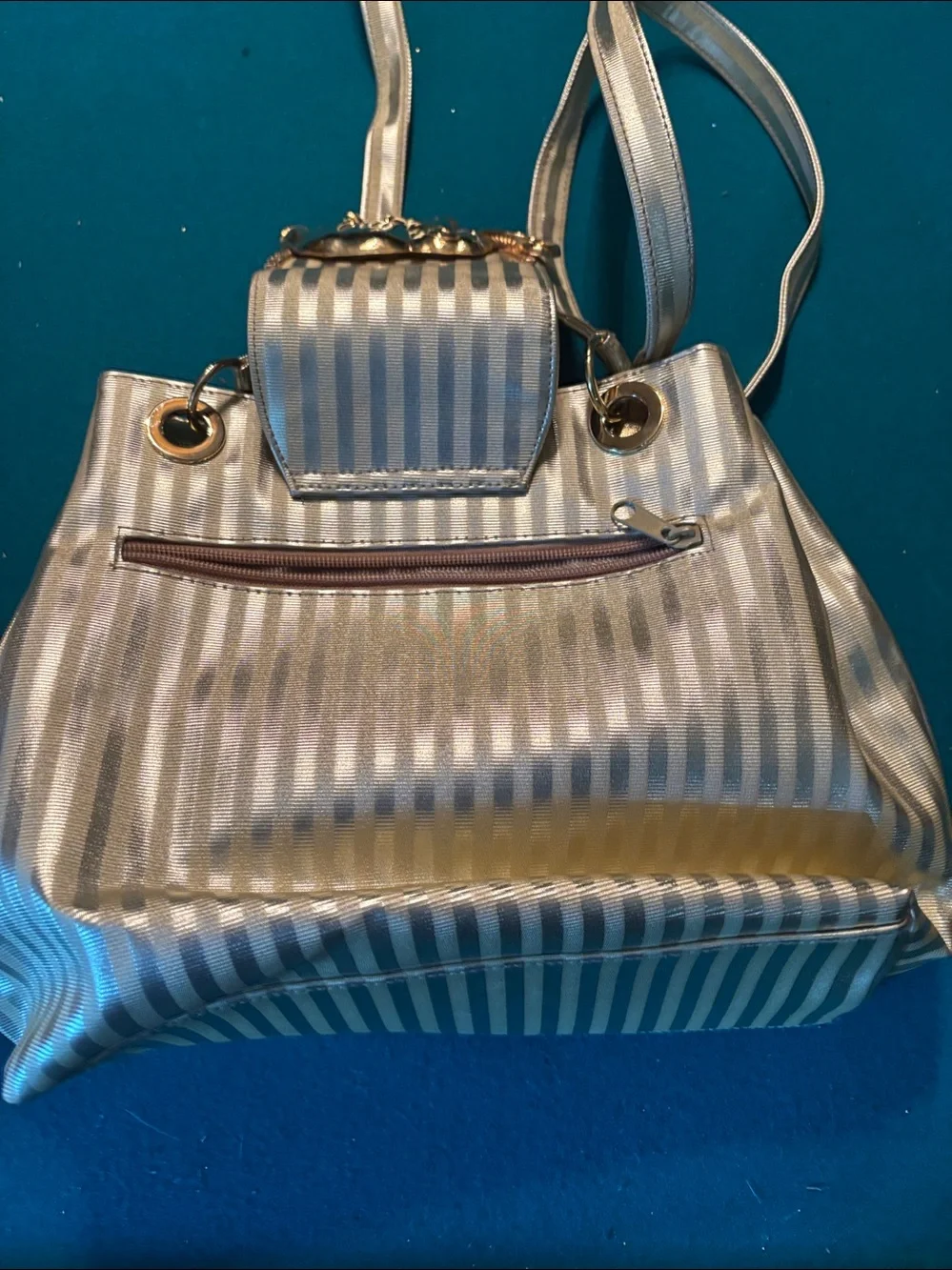 Gold Metallic Stripe Tote with Elephant Accent